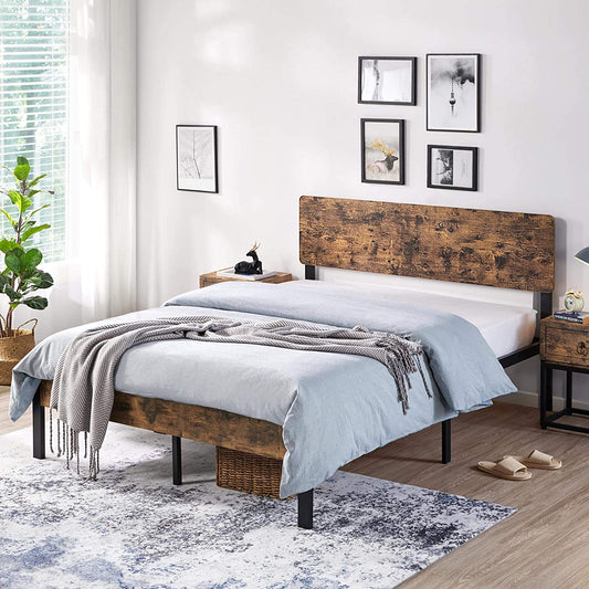 "Sturdy Full Metal Bed Frame with Elegant Wooden Headboard - the Perfect Foundation for a Comfortable Sleep"