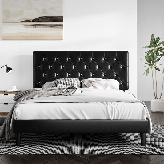 "Ultimate Comfort and Style: Queen Size Platform Bed Frame with Luxurious Button Tufted Headboard, Sleek Faux Leather Upholstery, and Sturdy Wooden Slat Support - No Box Spring Required!"