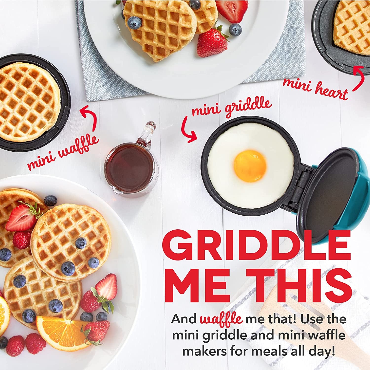 "Breakfast Bliss: Mini Maker 3-Pack Gift Set with Waffle Maker, Heart-Shaped Waffle Maker, and Griddle"