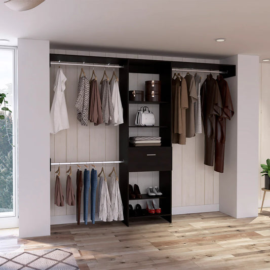 "Organize Your Wardrobe with the Stylish 250 British Closet System - One Drawer, Three Metal Rods, Black Wengue Finish"