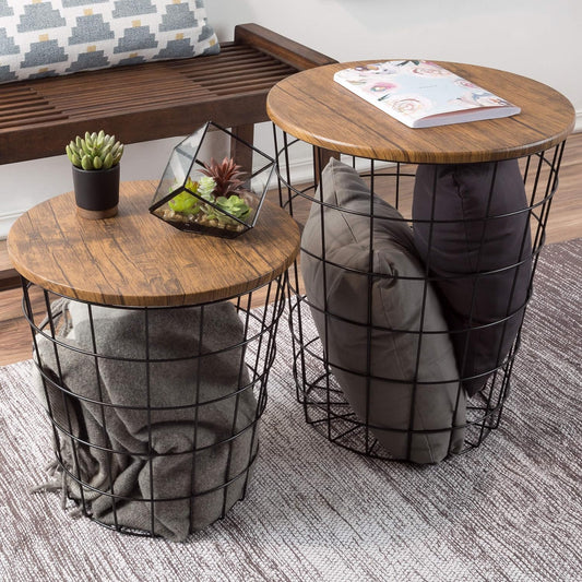 "Industrial Farmhouse Style Side Table Set - End Storage with Nesting Wire Basket Base and Wood Tops - Elegant Black and Brown, Set of 2"